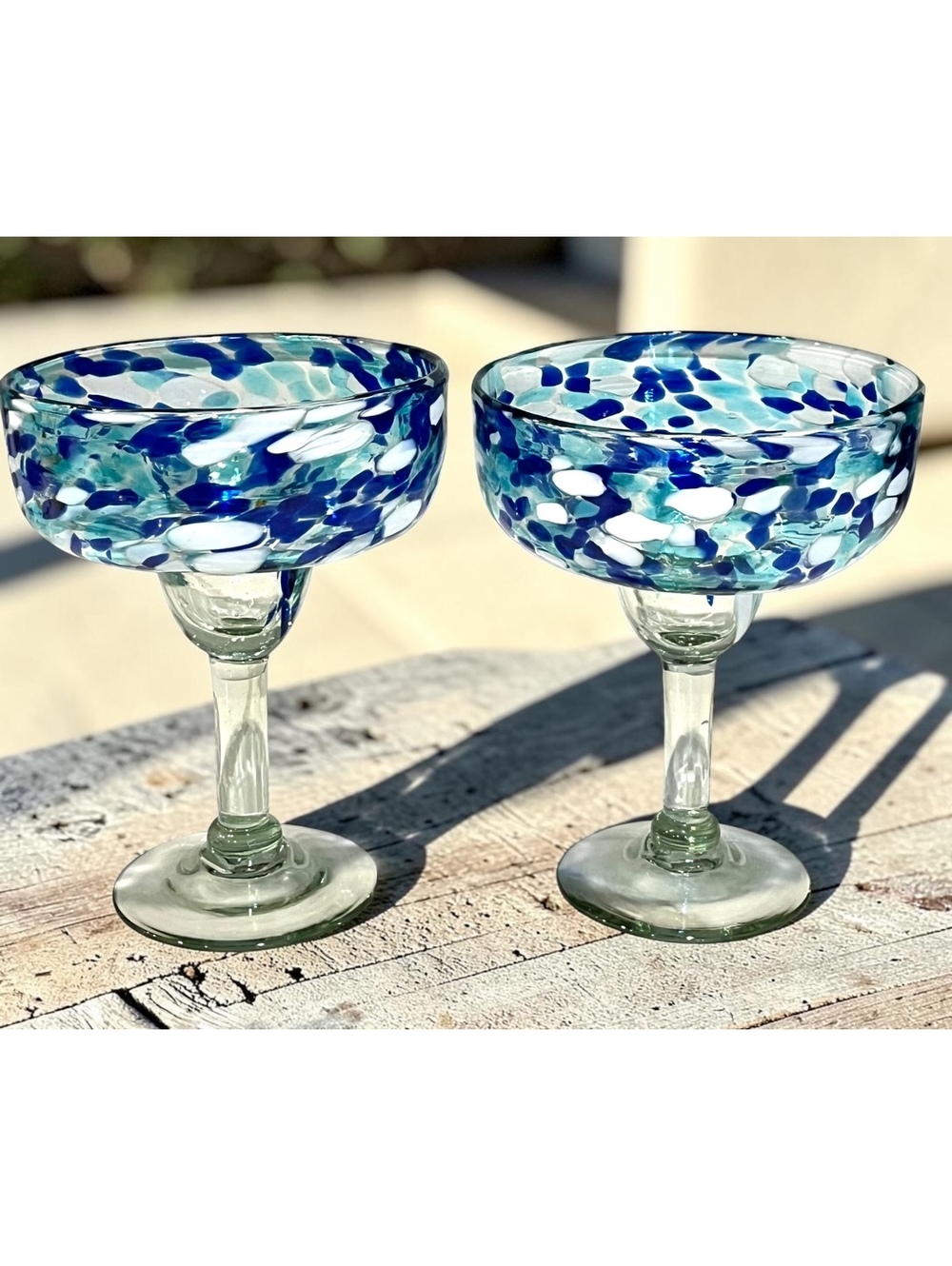 Hand Blown Confetti Glass Margarita Glasses Set of 2 Blue Aqua White Artisan
